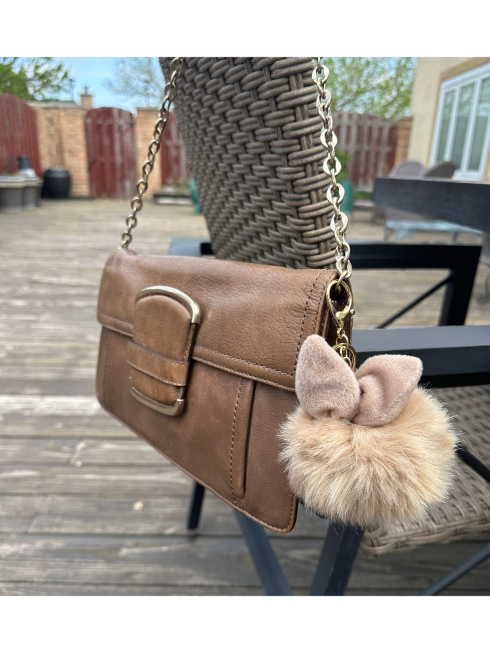 Tan Faux Fur Pom Pom w/Ears Handbag Charm Key Chain 5.5” Jewelry Accessory